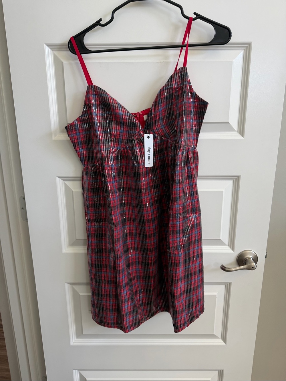 Day + Moon Christmas Plaid Sequined Babydoll Mini Dress